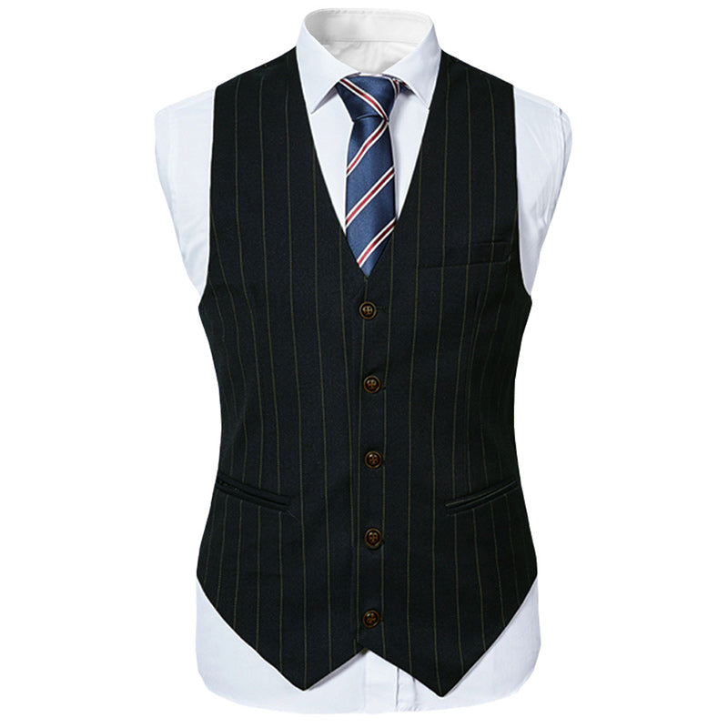 Black # Men's slim fit 3-piece stripe design suit with notched lapel and button closure, black formal blazer jacket with matching vest and flat-front trousers, breathable polyester viscose blend suit for business, office, wedding and daily wear, isolated on white background.
