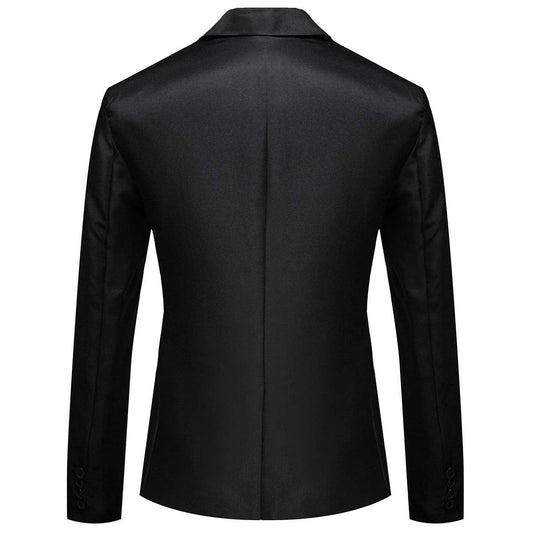 Black # Men's slim fit casual suit jacket lightweight blazer coat with notched lapel and center vent, black solid sport coat with 4-button cuffs, 2 flap pockets and 1 chest pocket, versatile polyester blazer for business, wedding, prom, party and daily wear, isolated on white background.