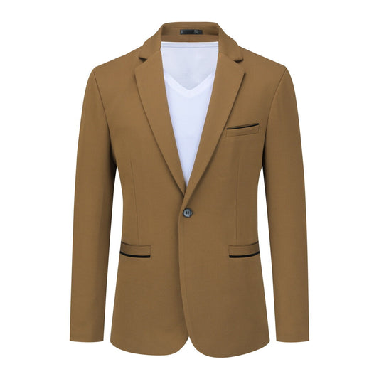 Coffee # Men's slim fit notched lapel single-breasted suit jacket with one-button closure and four-button cuffs, solid coffee blazer with full lining and lightweight breathable polyester fabric, slightly padded shoulders for business, office, wedding, party and daily wear, isolated on white background.