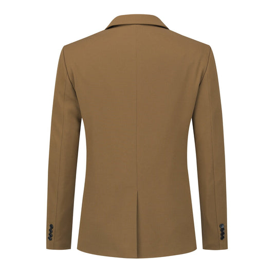 Coffee # Men's slim fit notched lapel single-breasted suit jacket with one-button closure and four-button cuffs, solid coffee blazer with full lining and lightweight breathable polyester fabric, slightly padded shoulders for business, office, wedding, party and daily wear, isolated on white background.