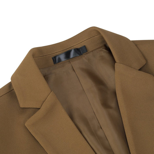 Coffee # Men's slim fit notched lapel single-breasted suit jacket with one-button closure and four-button cuffs, solid coffee blazer with full lining and lightweight breathable polyester fabric, slightly padded shoulders for business, office, wedding, party and daily wear, isolated on white background.