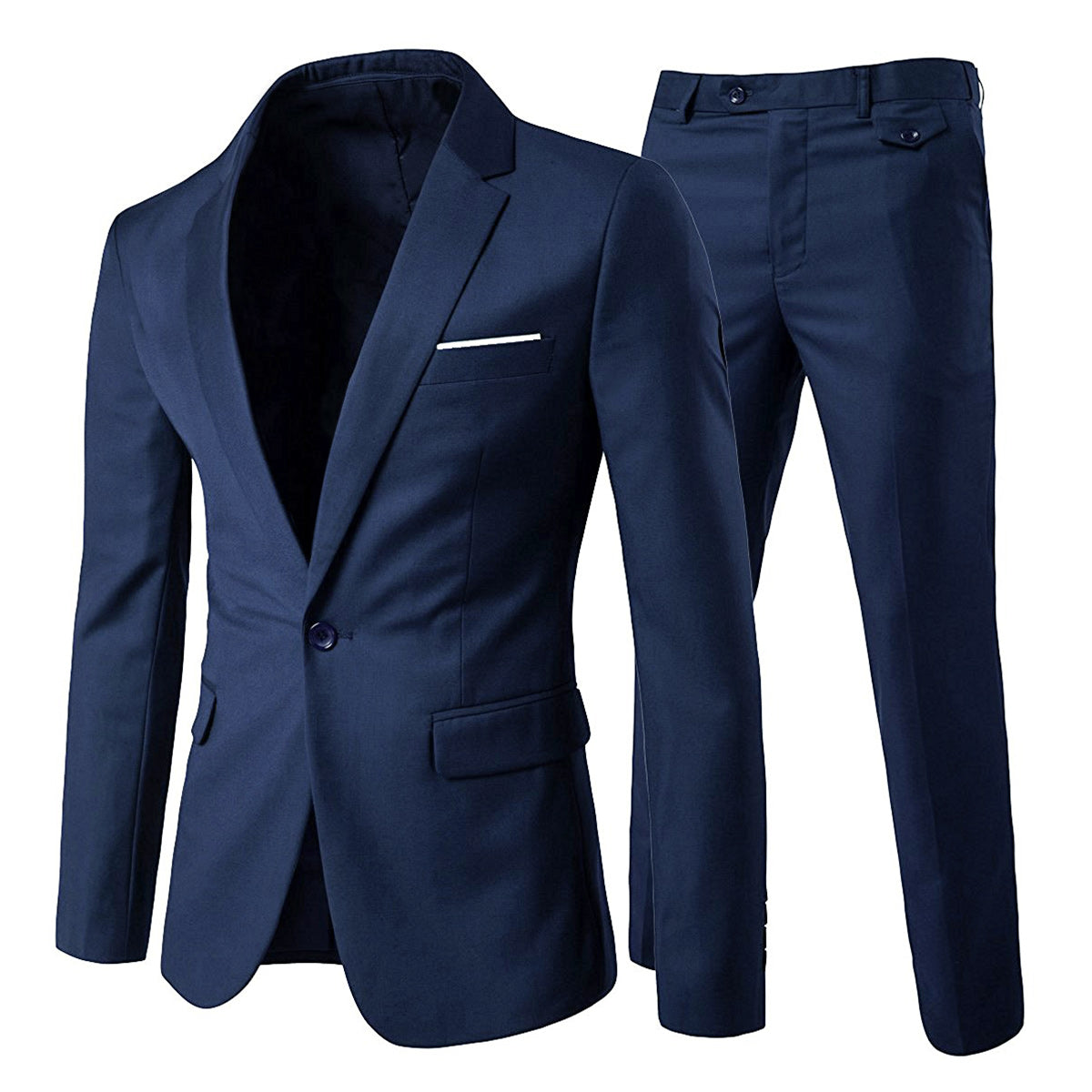 Navy # Men's slim fit 2-piece suit with peaked lapel and simple elegant design, navy formal blazer jacket with four-button cuffs and matching flat-front trousers with extended waist strap for business, office, wedding and daily wear, isolated on white background.