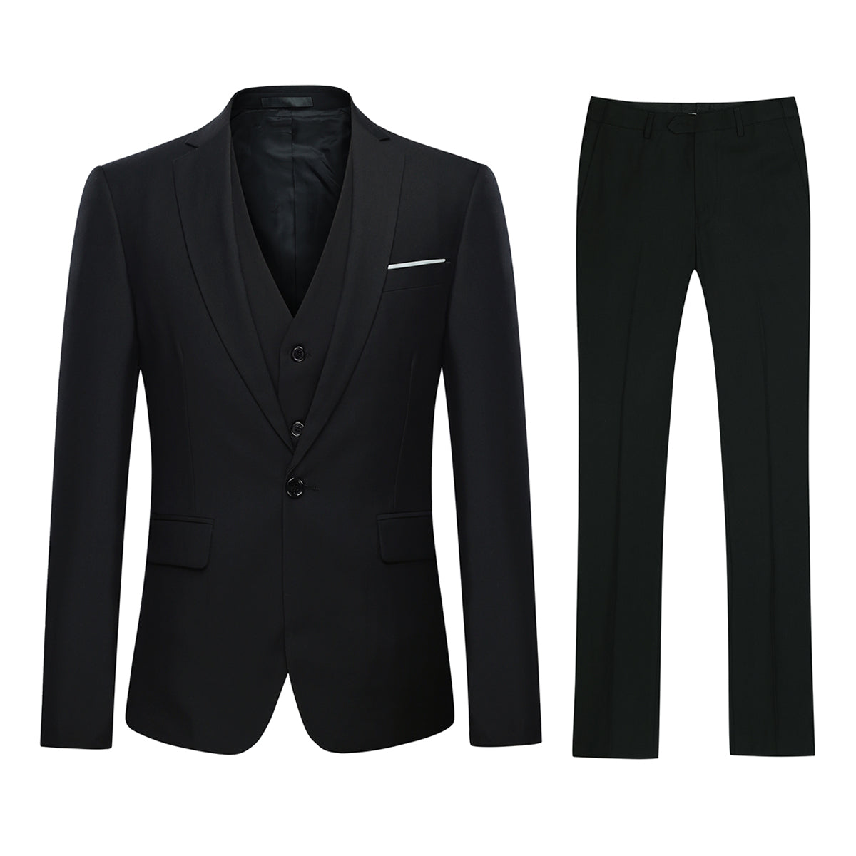 Black # Men's slim fit 3-piece classic suit with one-button peaked lapel and button closure, black formal blazer jacket with matching vest and flat-front trousers with extended waist strap and slanted side pockets, elegant polyester viscose blend suit for business, wedding, office and daily wear, isolated on white background.