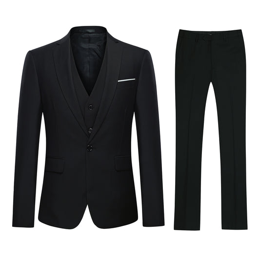 Black # Men's slim fit 3-piece classic suit with one-button peaked lapel and button closure, black formal blazer jacket with matching vest and flat-front trousers with extended waist strap and slanted side pockets, elegant polyester viscose blend suit for business, wedding, office and daily wear, isolated on white background.