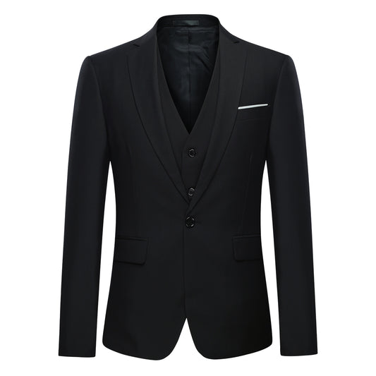 Black # Men's slim fit 3-piece classic suit with one-button peaked lapel and button closure, black formal blazer jacket with matching vest and flat-front trousers with extended waist strap and slanted side pockets, elegant polyester viscose blend suit for business, wedding, office and daily wear, isolated on white background.