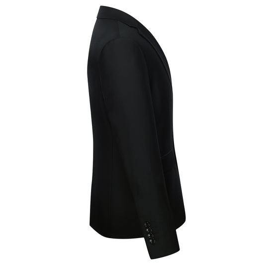 Black # Men's slim fit 3-piece classic suit with one-button peaked lapel and button closure, black formal blazer jacket with matching vest and flat-front trousers with extended waist strap and slanted side pockets, elegant polyester viscose blend suit for business, wedding, office and daily wear, isolated on white background.