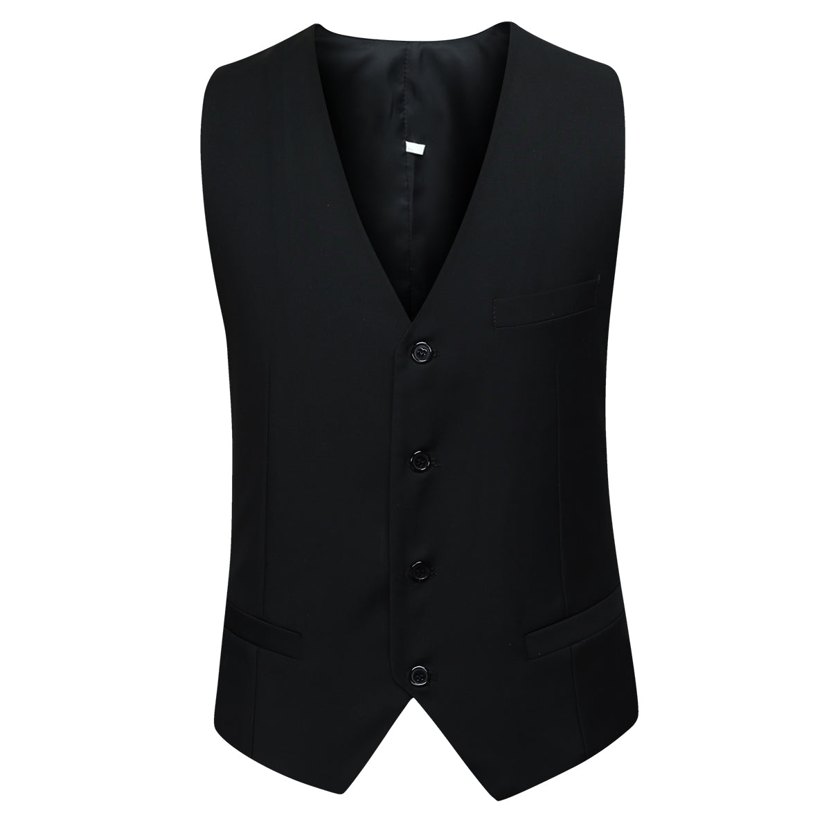 Black # Men's slim fit 3-piece classic suit with one-button peaked lapel and button closure, black formal blazer jacket with matching vest and flat-front trousers with extended waist strap and slanted side pockets, elegant polyester viscose blend suit for business, wedding, office and daily wear, isolated on white background.