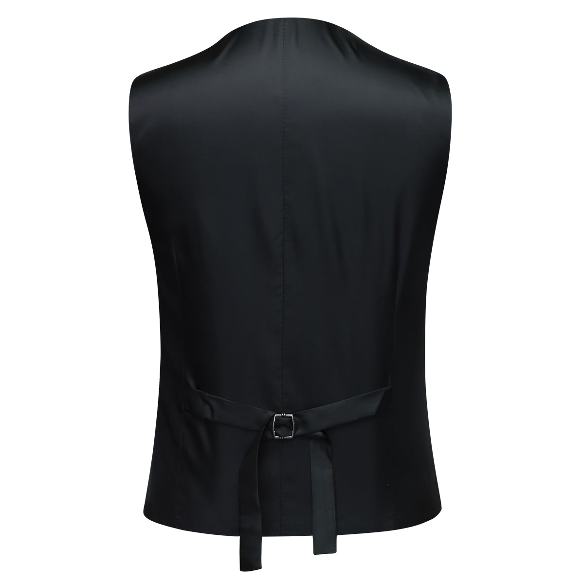 Black # Men's slim fit 3-piece classic suit with one-button peaked lapel and button closure, black formal blazer jacket with matching vest and flat-front trousers with extended waist strap and slanted side pockets, elegant polyester viscose blend suit for business, wedding, office and daily wear, isolated on white background.
