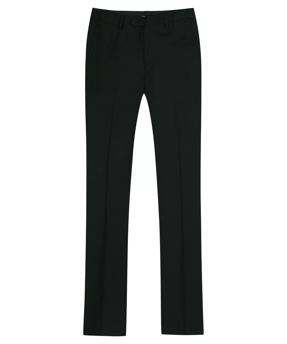 Black # Men's slim fit 3-piece classic suit with one-button peaked lapel and button closure, black formal blazer jacket with matching vest and flat-front trousers with extended waist strap and slanted side pockets, elegant polyester viscose blend suit for business, wedding, office and daily wear, isolated on white background.
