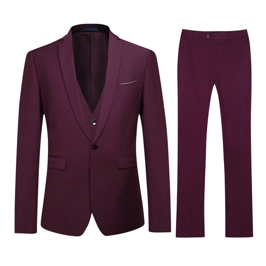 Dark Red # Men's slim fit 3-piece classic casual suit with one-button peaked lapel and button closure, dark red formal blazer jacket with matching vest and flat-front trousers with extended waist strap and slanted side pockets, elegant polyester viscose blend suit for business, wedding, office and daily wear, isolated on white background.