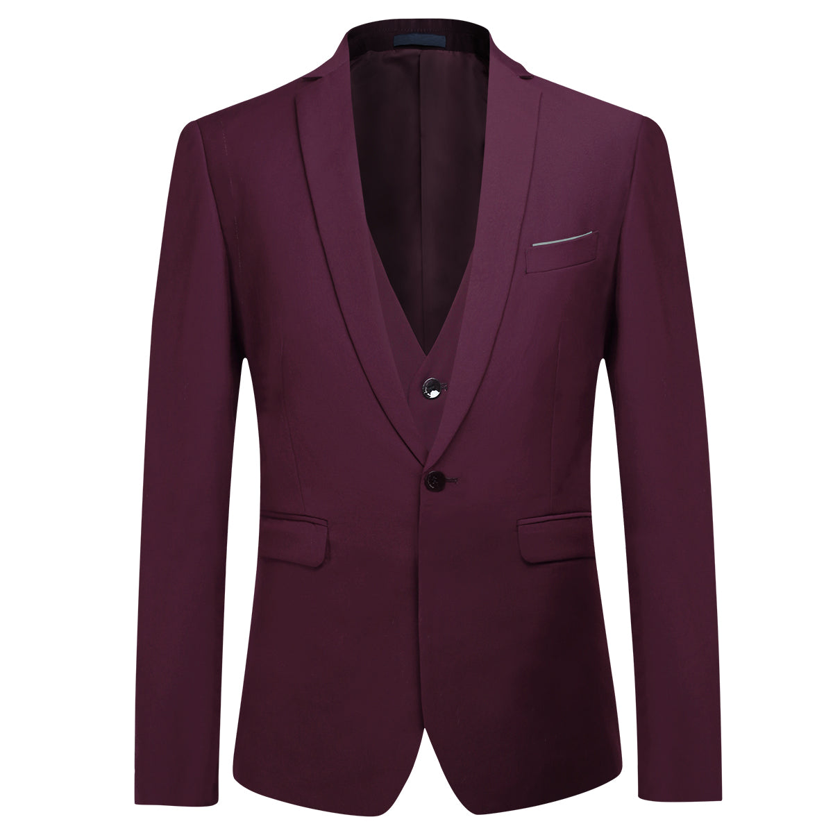 Dark Red # Men's slim fit 3-piece classic casual suit with one-button peaked lapel and button closure, dark red formal blazer jacket with matching vest and flat-front trousers with extended waist strap and slanted side pockets, elegant polyester viscose blend suit for business, wedding, office and daily wear, isolated on white background.