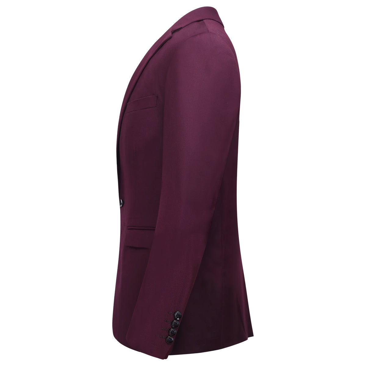 Dark Red # Men's slim fit 3-piece classic casual suit with one-button peaked lapel and button closure, dark red formal blazer jacket with matching vest and flat-front trousers with extended waist strap and slanted side pockets, elegant polyester viscose blend suit for business, wedding, office and daily wear, isolated on white background.