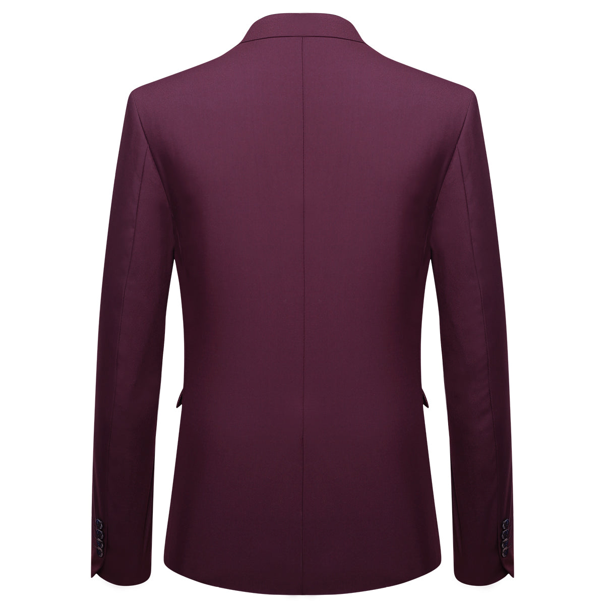 Dark Red # Men's slim fit 3-piece classic casual suit with one-button peaked lapel and button closure, dark red formal blazer jacket with matching vest and flat-front trousers with extended waist strap and slanted side pockets, elegant polyester viscose blend suit for business, wedding, office and daily wear, isolated on white background.