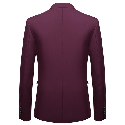 Dark Red # Men's slim fit 3-piece classic casual suit with one-button peaked lapel and button closure, dark red formal blazer jacket with matching vest and flat-front trousers with extended waist strap and slanted side pockets, elegant polyester viscose blend suit for business, wedding, office and daily wear, isolated on white background.