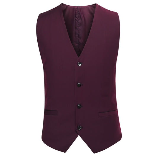 Dark Red # Men's slim fit 3-piece classic casual suit with one-button peaked lapel and button closure, dark red formal blazer jacket with matching vest and flat-front trousers with extended waist strap and slanted side pockets, elegant polyester viscose blend suit for business, wedding, office and daily wear, isolated on white background.
