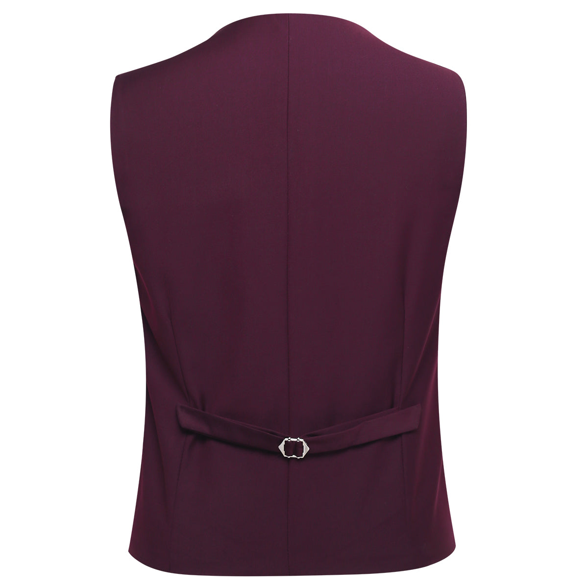 Dark Red # Men's slim fit 3-piece classic casual suit with one-button peaked lapel and button closure, dark red formal blazer jacket with matching vest and flat-front trousers with extended waist strap and slanted side pockets, elegant polyester viscose blend suit for business, wedding, office and daily wear, isolated on white background.