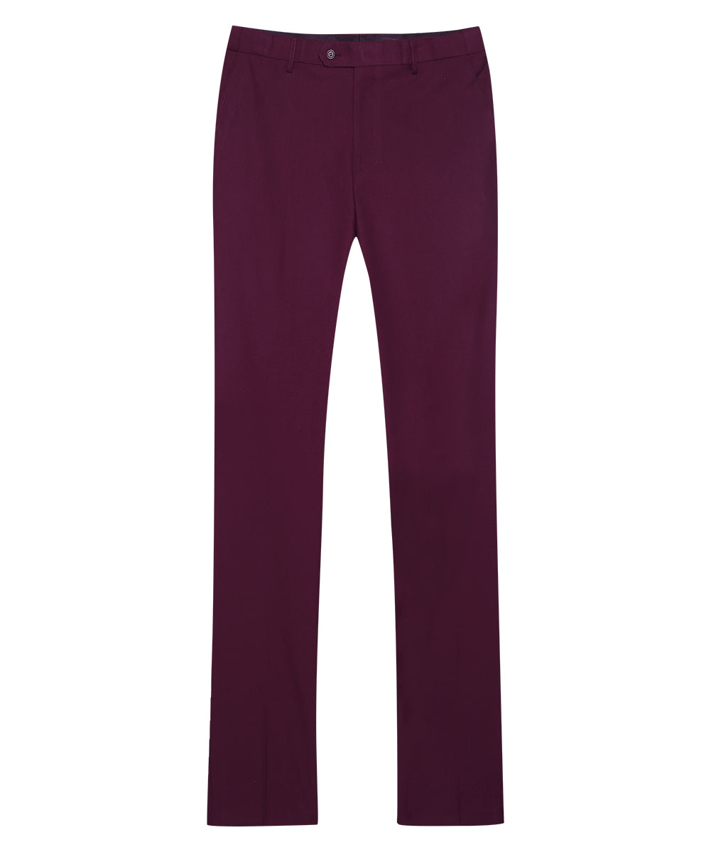 Dark Red # Men's slim fit 3-piece classic casual suit with one-button peaked lapel and button closure, dark red formal blazer jacket with matching vest and flat-front trousers with extended waist strap and slanted side pockets, elegant polyester viscose blend suit for business, wedding, office and daily wear, isolated on white background.