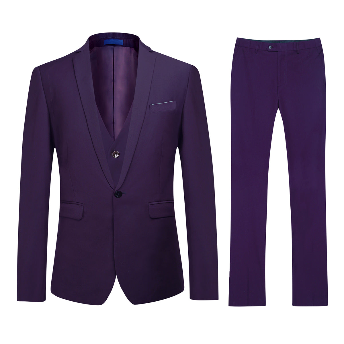 Violet Purple # Men's slim fit 3-piece classic casual suit with one-button peaked lapel and button closure, violet purple formal blazer jacket with matching vest and flat-front trousers with extended waist strap and slanted side pockets, elegant polyester viscose blend suit for business, wedding, office and daily wear, isolated on white background.