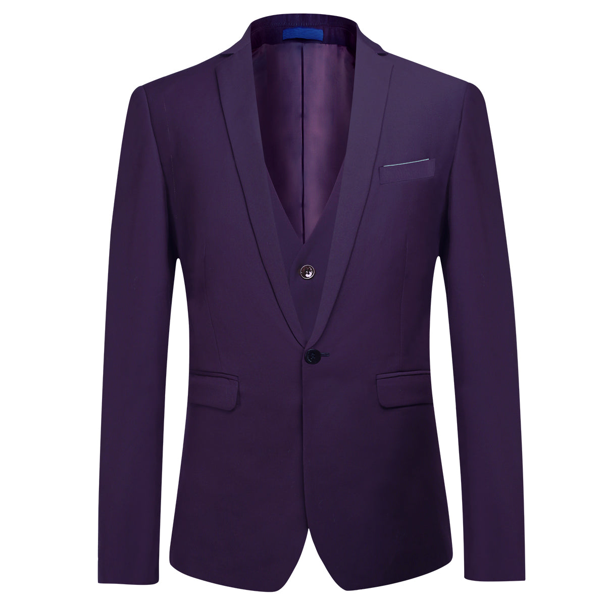 Violet Purple # Men's slim fit 3-piece classic casual suit with one-button peaked lapel and button closure, violet purple formal blazer jacket with matching vest and flat-front trousers with extended waist strap and slanted side pockets, elegant polyester viscose blend suit for business, wedding, office and daily wear, isolated on white background.