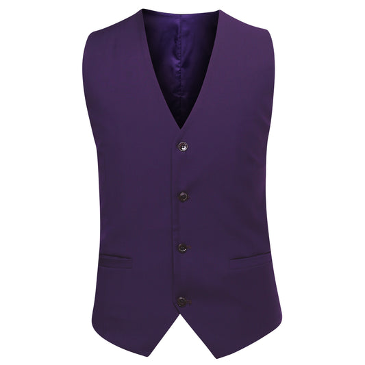 Violet Purple # Men's slim fit 3-piece classic casual suit with one-button peaked lapel and button closure, violet purple formal blazer jacket with matching vest and flat-front trousers with extended waist strap and slanted side pockets, elegant polyester viscose blend suit for business, wedding, office and daily wear, isolated on white background.