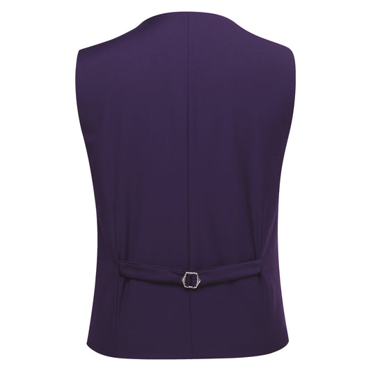 Violet Purple # Men's slim fit 3-piece classic casual suit with one-button peaked lapel and button closure, violet purple formal blazer jacket with matching vest and flat-front trousers with extended waist strap and slanted side pockets, elegant polyester viscose blend suit for business, wedding, office and daily wear, isolated on white background.