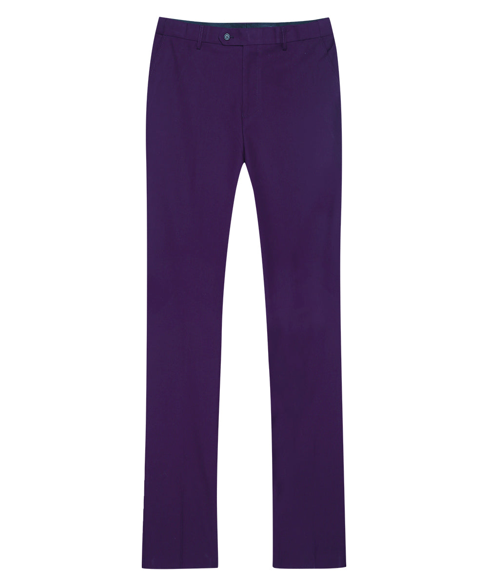 Violet Purple # Men's slim fit 3-piece classic casual suit with one-button peaked lapel and button closure, violet purple formal blazer jacket with matching vest and flat-front trousers with extended waist strap and slanted side pockets, elegant polyester viscose blend suit for business, wedding, office and daily wear, isolated on white background.