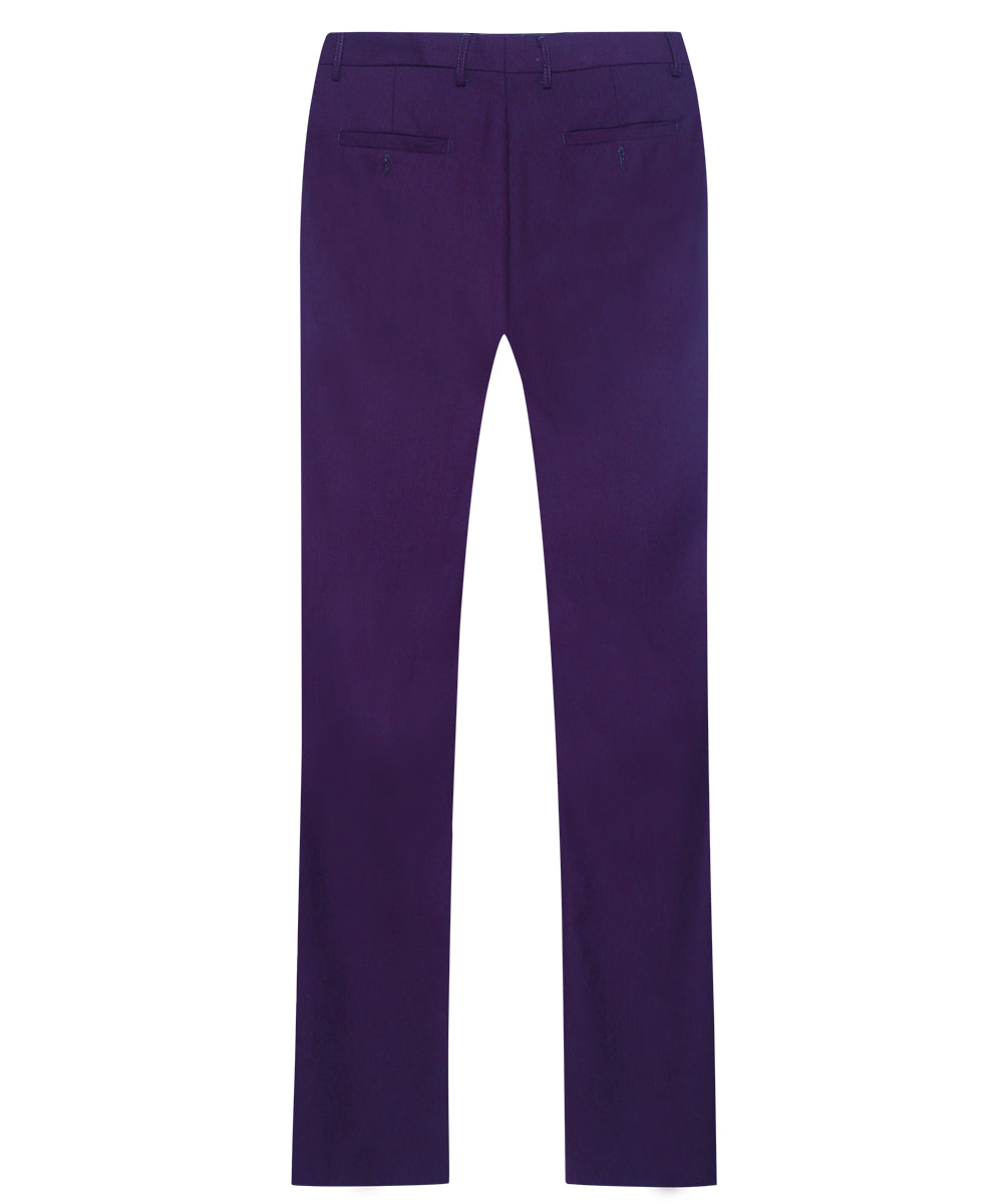 Violet Purple # Men's slim fit 3-piece classic casual suit with one-button peaked lapel and button closure, violet purple formal blazer jacket with matching vest and flat-front trousers with extended waist strap and slanted side pockets, elegant polyester viscose blend suit for business, wedding, office and daily wear, isolated on white background.