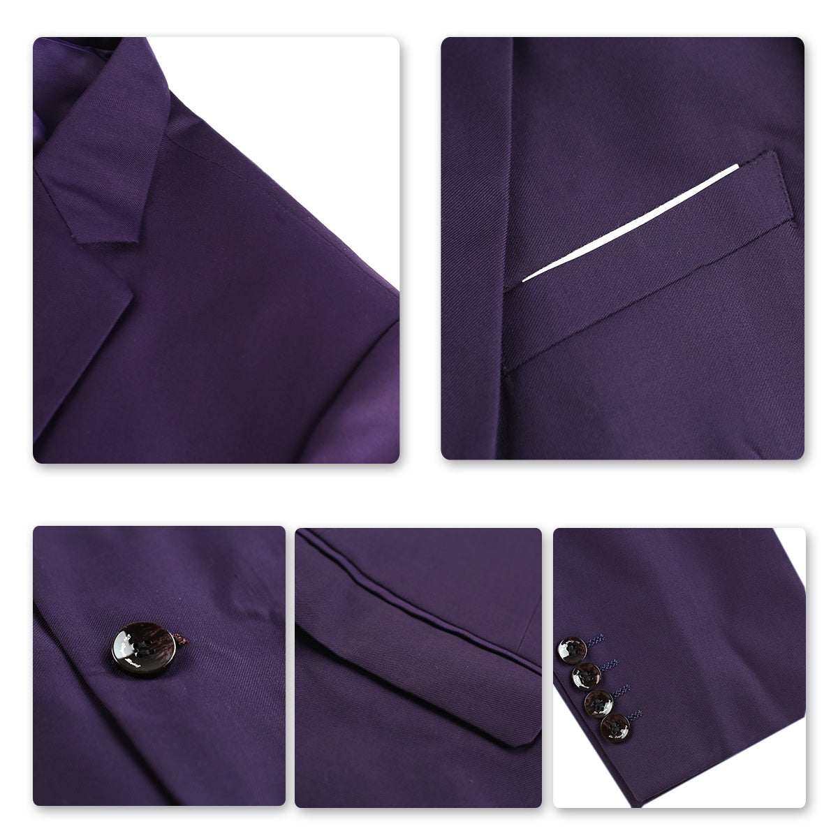 Violet Purple # Men's slim fit 3-piece classic casual suit with one-button peaked lapel and button closure, violet purple formal blazer jacket with matching vest and flat-front trousers with extended waist strap and slanted side pockets, elegant polyester viscose blend suit for business, wedding, office and daily wear, isolated on white background.