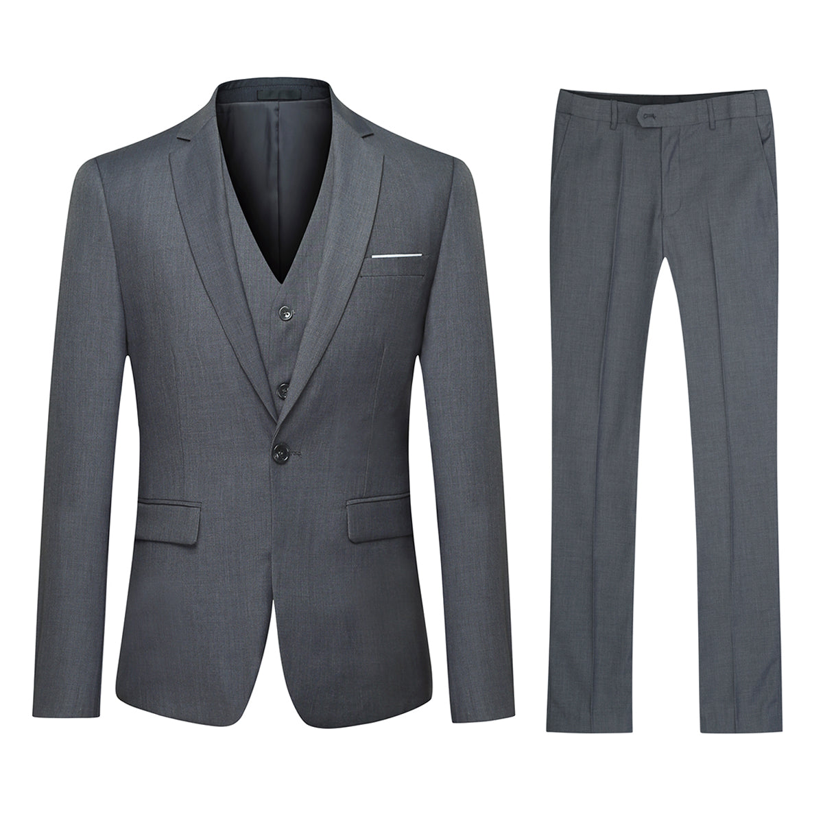 Dimgrey # Men's slim fit 3-piece classic suit with one-button peaked lapel and button closure, dark grey formal blazer jacket with matching vest and flat-front trousers with extended waist strap and slanted side pockets, elegant polyester viscose blend suit for business, wedding, office and daily wear, isolated on white background.