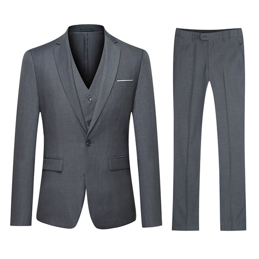 Dimgrey # Men's slim fit 3-piece classic suit with one-button peaked lapel and button closure, dark grey formal blazer jacket with matching vest and flat-front trousers with extended waist strap and slanted side pockets, elegant polyester viscose blend suit for business, wedding, office and daily wear, isolated on white background.