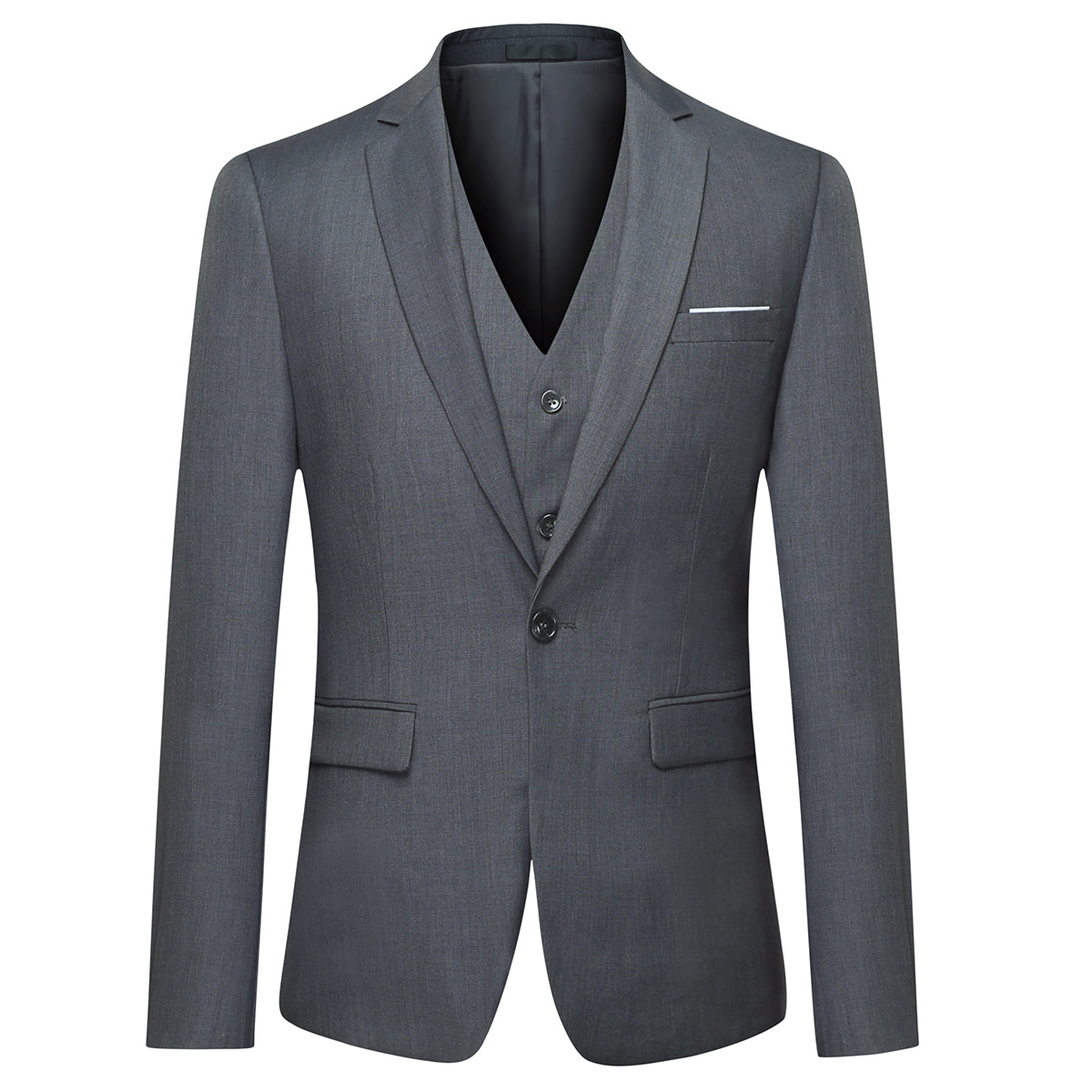 Dimgrey # Men's slim fit 3-piece classic suit with one-button peaked lapel and button closure, dark grey formal blazer jacket with matching vest and flat-front trousers with extended waist strap and slanted side pockets, elegant polyester viscose blend suit for business, wedding, office and daily wear, isolated on white background.