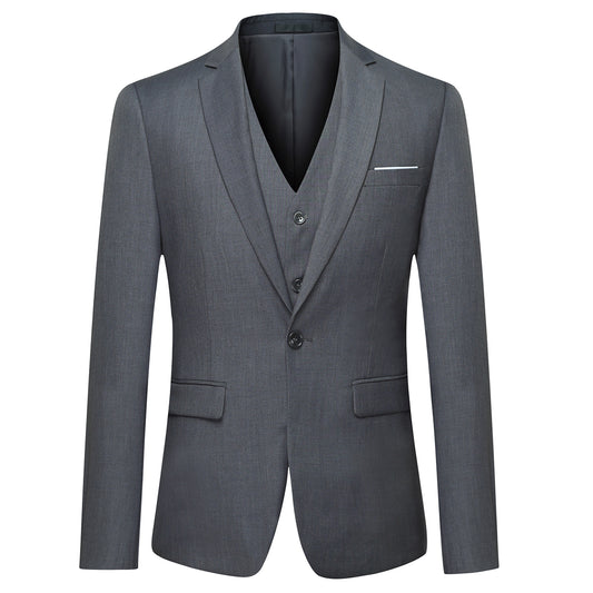 Dimgrey # Men's slim fit 3-piece classic suit with one-button peaked lapel and button closure, dark grey formal blazer jacket with matching vest and flat-front trousers with extended waist strap and slanted side pockets, elegant polyester viscose blend suit for business, wedding, office and daily wear, isolated on white background.