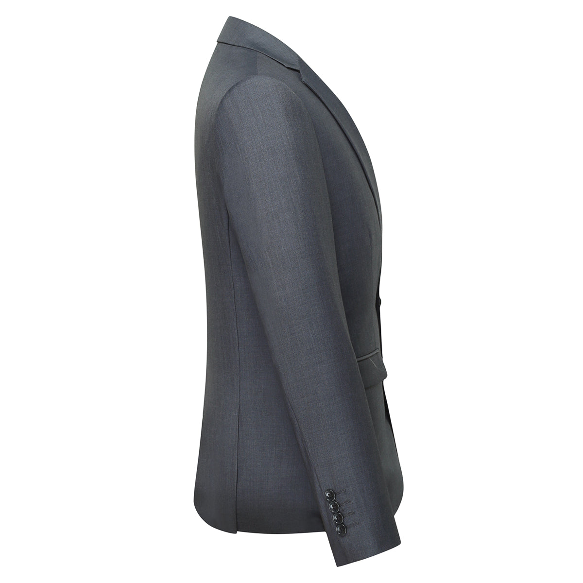 Dimgrey # Men's slim fit 3-piece classic suit with one-button peaked lapel and button closure, dark grey formal blazer jacket with matching vest and flat-front trousers with extended waist strap and slanted side pockets, elegant polyester viscose blend suit for business, wedding, office and daily wear, isolated on white background.