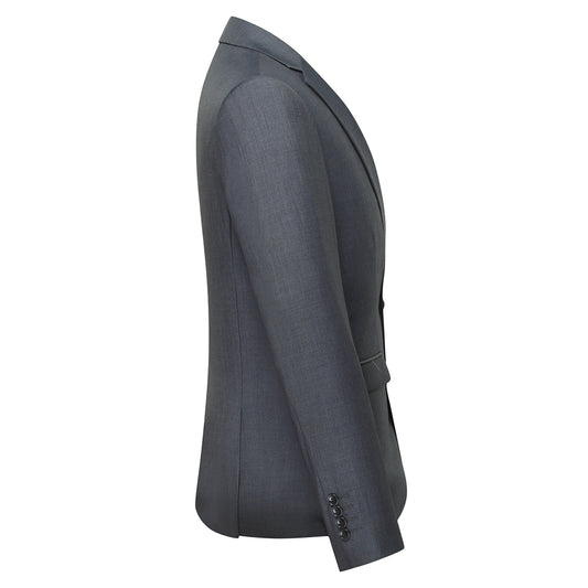 Dimgrey # Men's slim fit 3-piece classic suit with one-button peaked lapel and button closure, dark grey formal blazer jacket with matching vest and flat-front trousers with extended waist strap and slanted side pockets, elegant polyester viscose blend suit for business, wedding, office and daily wear, isolated on white background.