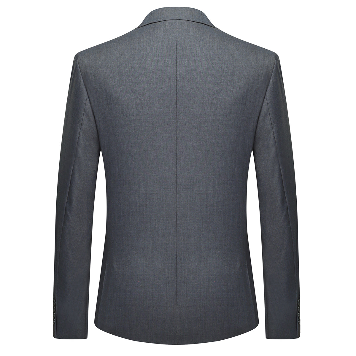 Dimgrey # Men's slim fit 3-piece classic suit with one-button peaked lapel and button closure, dark grey formal blazer jacket with matching vest and flat-front trousers with extended waist strap and slanted side pockets, elegant polyester viscose blend suit for business, wedding, office and daily wear, isolated on white background.