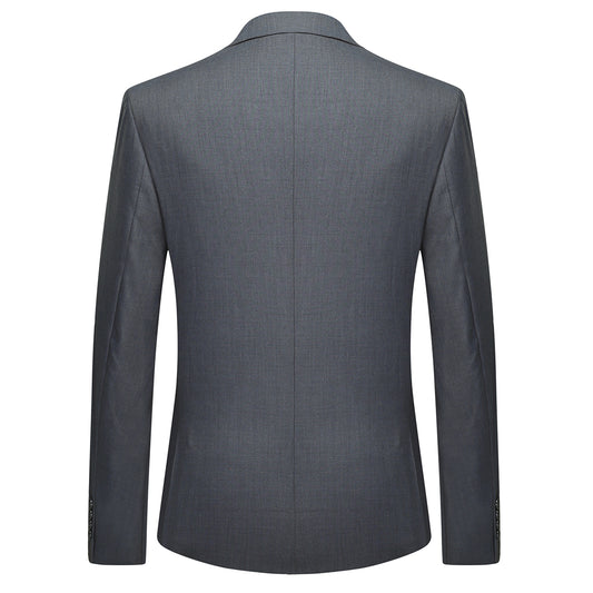 Dimgrey # Men's slim fit 3-piece classic suit with one-button peaked lapel and button closure, dark grey formal blazer jacket with matching vest and flat-front trousers with extended waist strap and slanted side pockets, elegant polyester viscose blend suit for business, wedding, office and daily wear, isolated on white background.