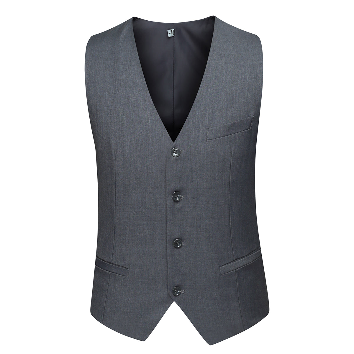 Dimgrey # Men's slim fit 3-piece classic suit with one-button peaked lapel and button closure, dark grey formal blazer jacket with matching vest and flat-front trousers with extended waist strap and slanted side pockets, elegant polyester viscose blend suit for business, wedding, office and daily wear, isolated on white background.