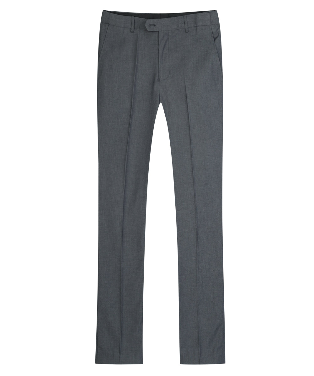 Dimgrey # Men's slim fit 3-piece classic suit with one-button peaked lapel and button closure, dark grey formal blazer jacket with matching vest and flat-front trousers with extended waist strap and slanted side pockets, elegant polyester viscose blend suit for business, wedding, office and daily wear, isolated on white background.