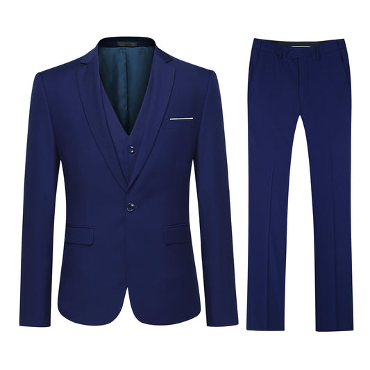 Navy # Men's slim fit 3-piece classic suit with one-button peaked lapel and button closure, navy formal blazer jacket with matching vest and flat-front trousers with extended waist strap and slanted side pockets, elegant polyester viscose blend suit for business, wedding, office and daily wear, isolated on white background.