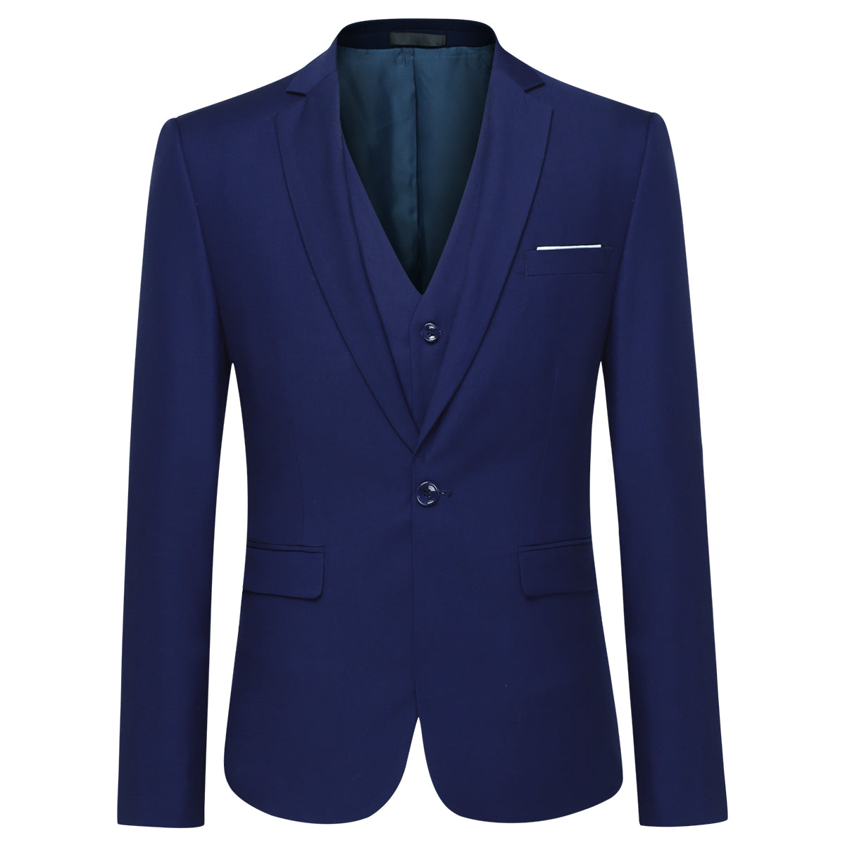 Navy # Men's slim fit 3-piece classic suit with one-button peaked lapel and button closure, navy formal blazer jacket with matching vest and flat-front trousers with extended waist strap and slanted side pockets, elegant polyester viscose blend suit for business, wedding, office and daily wear, isolated on white background.