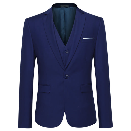Navy # Men's slim fit 3-piece classic suit with one-button peaked lapel and button closure, navy formal blazer jacket with matching vest and flat-front trousers with extended waist strap and slanted side pockets, elegant polyester viscose blend suit for business, wedding, office and daily wear, isolated on white background.