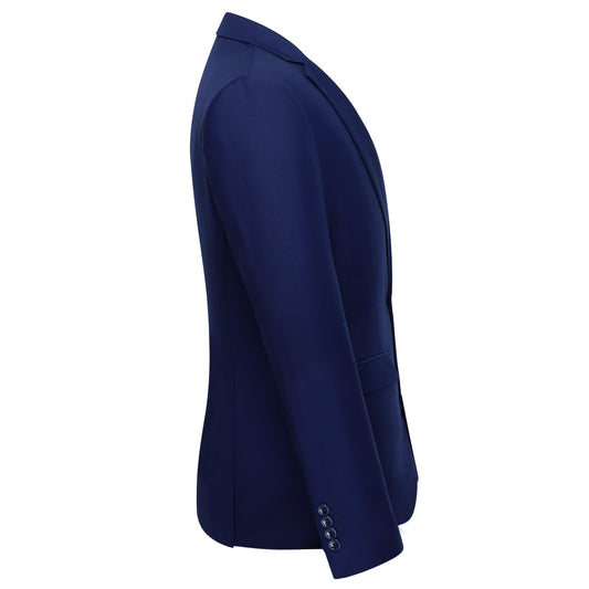 Navy # Men's slim fit 3-piece classic suit with one-button peaked lapel and button closure, navy formal blazer jacket with matching vest and flat-front trousers with extended waist strap and slanted side pockets, elegant polyester viscose blend suit for business, wedding, office and daily wear, isolated on white background.