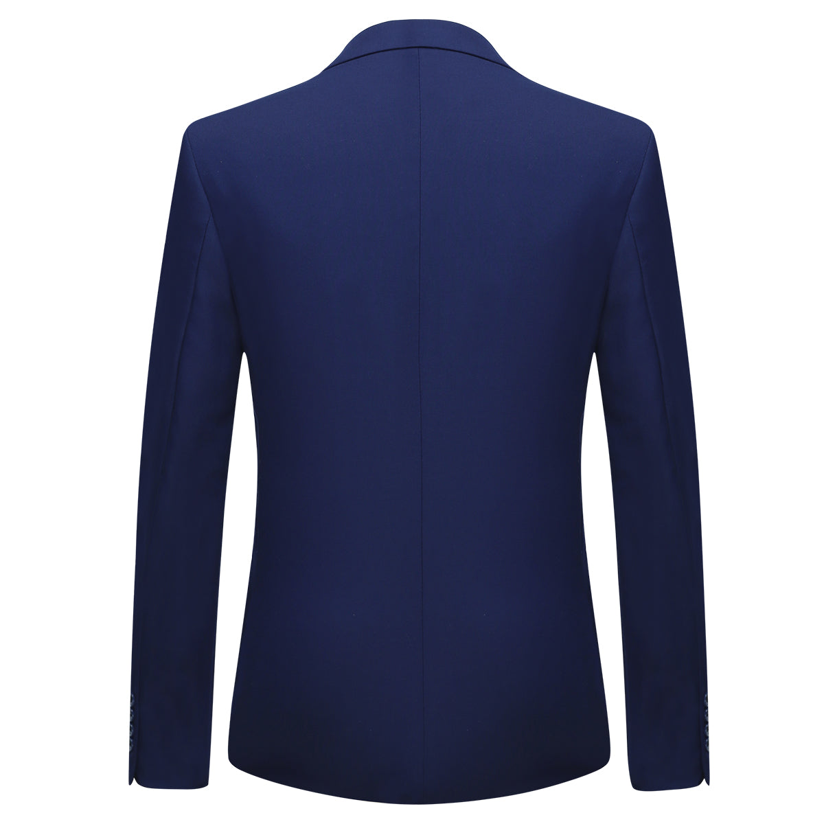 Navy # Men's slim fit 3-piece classic suit with one-button peaked lapel and button closure, navy formal blazer jacket with matching vest and flat-front trousers with extended waist strap and slanted side pockets, elegant polyester viscose blend suit for business, wedding, office and daily wear, isolated on white background.