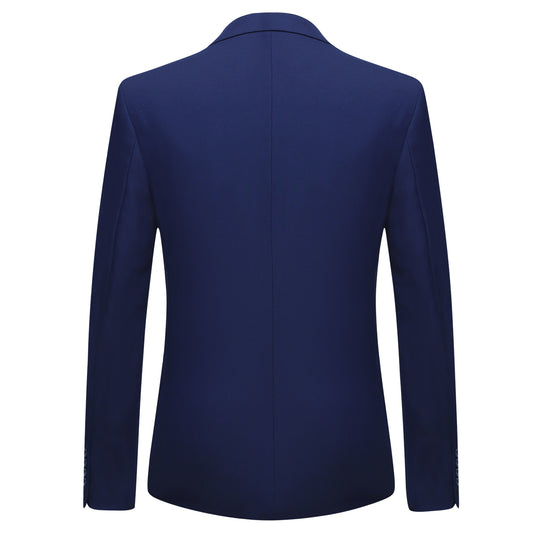 Navy # Men's slim fit 3-piece classic suit with one-button peaked lapel and button closure, navy formal blazer jacket with matching vest and flat-front trousers with extended waist strap and slanted side pockets, elegant polyester viscose blend suit for business, wedding, office and daily wear, isolated on white background.