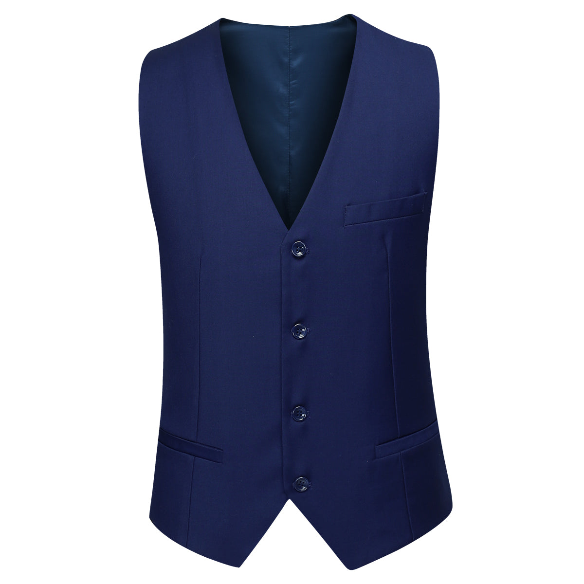 Navy # Men's slim fit 3-piece classic suit with one-button peaked lapel and button closure, navy formal blazer jacket with matching vest and flat-front trousers with extended waist strap and slanted side pockets, elegant polyester viscose blend suit for business, wedding, office and daily wear, isolated on white background.