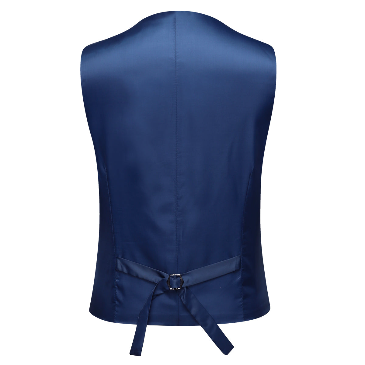 Navy # Men's slim fit 3-piece classic suit with one-button peaked lapel and button closure, navy formal blazer jacket with matching vest and flat-front trousers with extended waist strap and slanted side pockets, elegant polyester viscose blend suit for business, wedding, office and daily wear, isolated on white background.