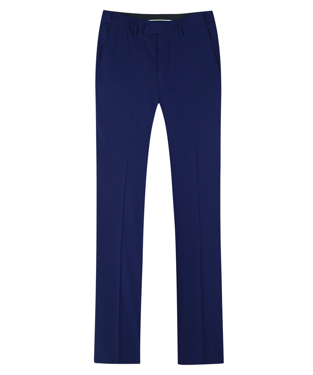Navy # Men's slim fit 3-piece classic suit with one-button peaked lapel and button closure, navy formal blazer jacket with matching vest and flat-front trousers with extended waist strap and slanted side pockets, elegant polyester viscose blend suit for business, wedding, office and daily wear, isolated on white background.