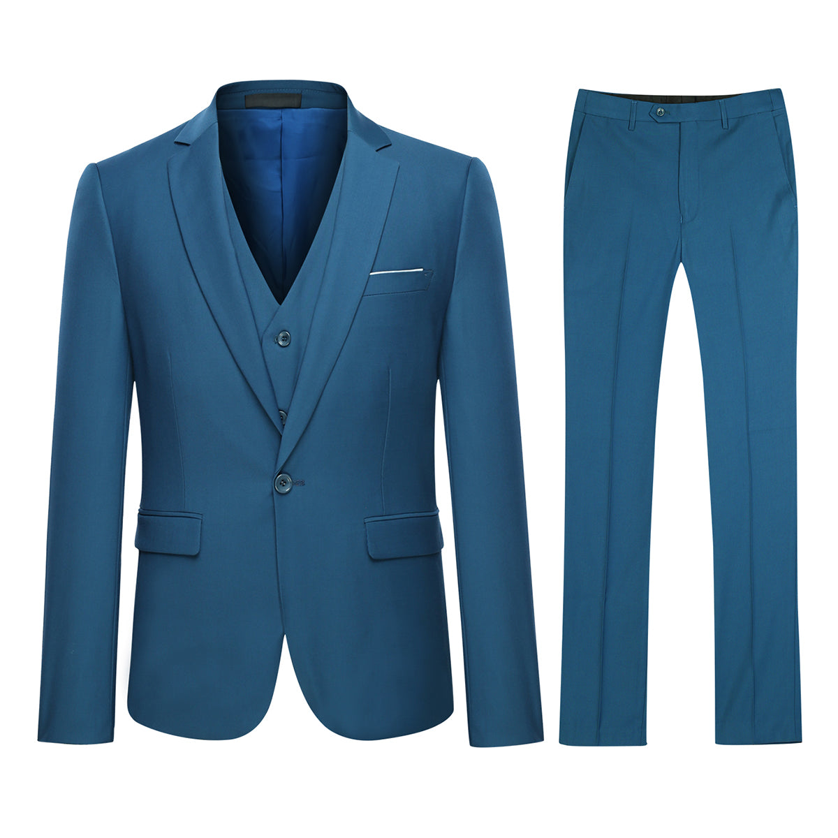 Royal Blue # Men's slim fit 3-piece classic casual suit with one-button peaked lapel and button closure, royal blue formal blazer jacket with matching vest and flat-front trousers with extended waist strap and slanted side pockets, elegant polyester viscose blend suit for business, wedding, office and daily wear, isolated on white background.