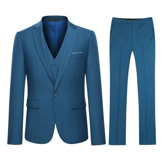Royal Blue # Men's slim fit 3-piece classic casual suit with one-button peaked lapel and button closure, royal blue formal blazer jacket with matching vest and flat-front trousers with extended waist strap and slanted side pockets, elegant polyester viscose blend suit for business, wedding, office and daily wear, isolated on white background.