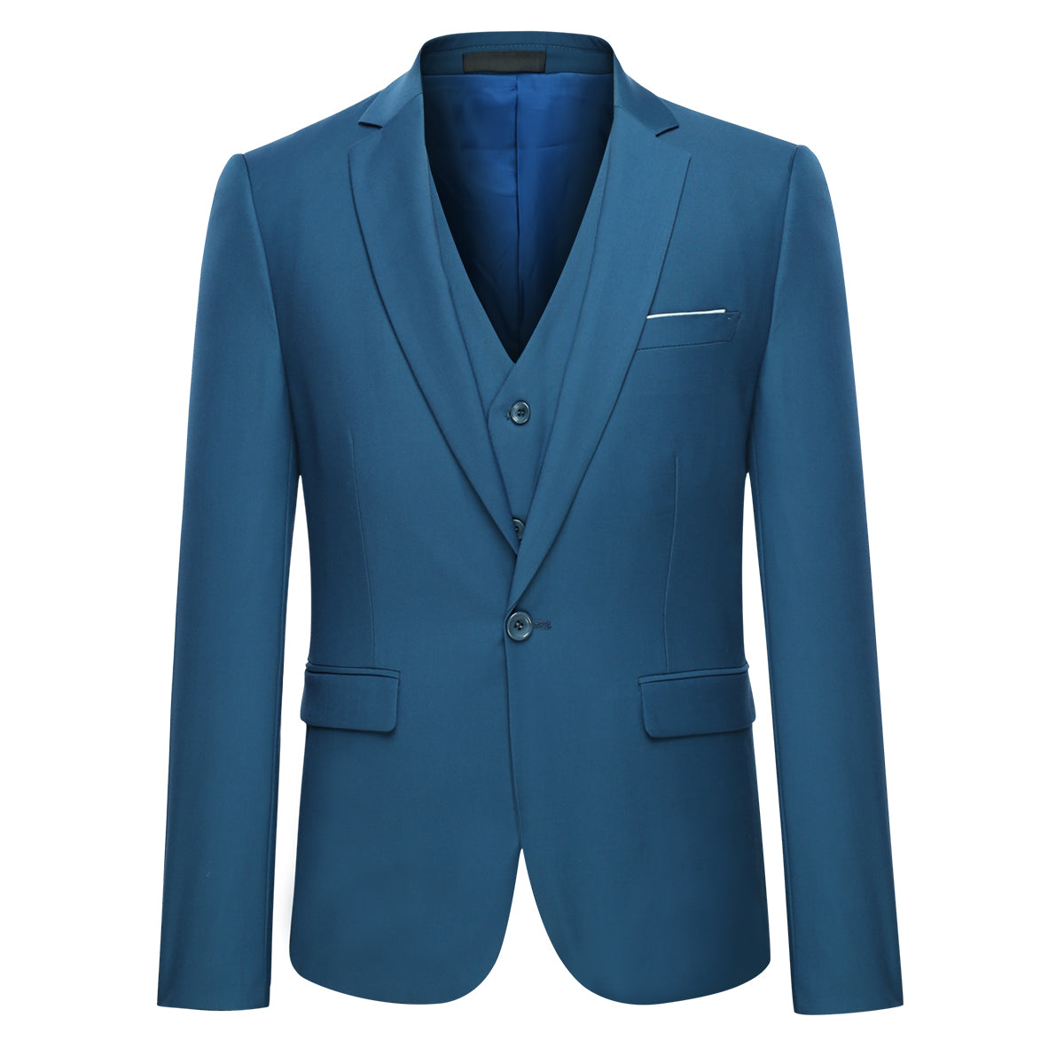 Royal Blue # Men's slim fit 3-piece classic casual suit with one-button peaked lapel and button closure, royal blue formal blazer jacket with matching vest and flat-front trousers with extended waist strap and slanted side pockets, elegant polyester viscose blend suit for business, wedding, office and daily wear, isolated on white background.